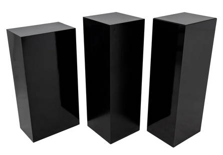 Black Lacquered Pedestal Stands, 3: Group of Three Black Lacquered Pedestal Stands, one with beveled top. Tallest: 40.75" H x 12.25" W x 14.75" D. Provenance: From a New York City Collection. Keywords: Modern Furniture, Base, Sculpture