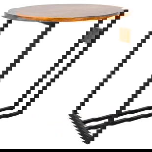 Postmodern Pine & Metal Wood Side Table: Postmodern Circular Painted Pine Wood Side Table, with black metal supports. 23.25" H x 24.25" W x 21" D. Provenance: From a New York City Collection. Keywords: Modern Furniture, Minimalist, Minimalis