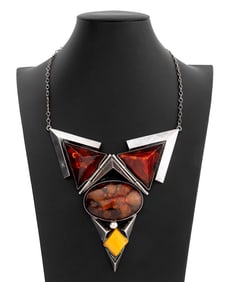 Modernist Sterling Silver Amber Statement Necklace