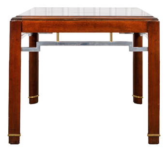 Modern Asian Style Side Table: Modern Asian Style Square Top Side Table, with Chinoiserie style fret work decoration. 24" H x 28" W x 28" D. Provenance: Property from the 5th Avenue residence of Jill and Ken Iscol. Keywords: Vintag