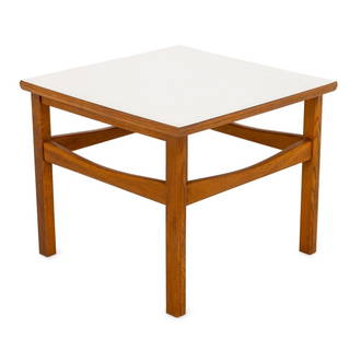 Jens Risom Style Teak and Laminate Side Table: Jens Risom Style Side Table, mid-20th century, with teak wood frame and white laminate top. 15.25" H x 18" W x 17.75" D. Provenance: From a New York City Collection. Keywords: Vintage Furniture,