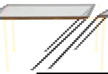 Postmodern Gilt Metal Glass-Topped Coffee Table: Postmodern Gilt Metal Glass-Topped Coffee Table, raised on four tapered legs. 16" H x 28" W x 16" D. Provenance: From a New York City Collection. Keywords: Modern Furniture, Low table, Cocktail table,