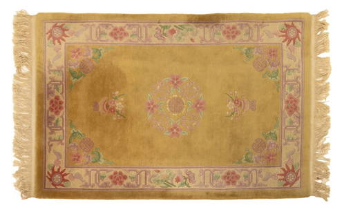 Chinese Art Deco Rug, 7' x 4': Chinese Art Deco Wool Rug, with longevity symbol on yellow ground. 7' L x 4' W. Provenance: From a Greenwich, Connecticut Collection. Keywords: Carpet, Floor Covering, Area rug, Interior design, Decor