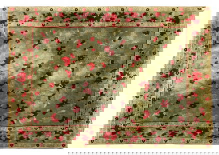 Chinese Art Deco Style Wool Carpet, 12.5' x 9': Chinese Art Deco Style Hand-Woven Wool Pile Carpet. 12.5' L x 9' W. Provenance: The Upper East Side Estate of Anne Kaufman Schneider, the daughter of Pulitzer Prize-winning playwright George S. Kaufma