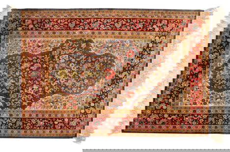 Turkish Silk Hereke Rug, 4' 7" x 2' 9": Turkish Silk Hereke Rug, with red and tan border, floral motif throughout. 4' 7" L x 2' 9" W. Provenance: From a New York City Collection. Keywords: Carpets, Floor coverings, Geometric pattern,