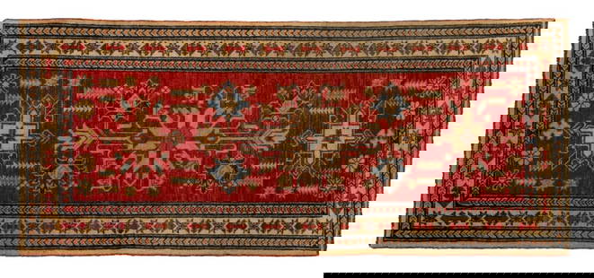 Caucasian Kazak Runner, 5' 8" x 2' 5": Caucasian Kazak Wool Runner, with geometric motif on red ground. 5' 8" L x 2' 5" W. Provenance: From a Greenwich, Connecticut Collection. Keywords: Carpet, Floor Covering, Area rug, Hallway rug, Inter