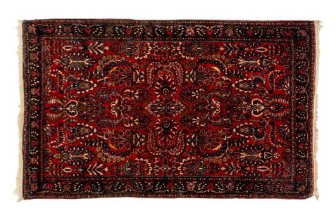 Persian Sarouk Rug, 6' 5" x 4' 1.5": Persian Sarouk Wool Rug, with red ground and all-over floral motif. 6' 5" L x 4' 1.5" W. Provenance: From a New York City Collection. Keywords: Carpet, Floor Covering, Area rug, Interior design,