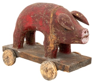 Folk Art Painted and Carved Wood Pull Pig Toy