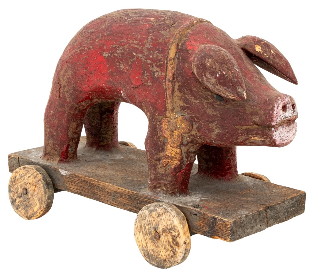 Folk Art Painted and Carved Wood Pull Pig Toy: Folk Art Painted and Carved Wood Pull Pig Toy. 8.5" H x 12" W x 5.5" D. Provenance: From a 57th Street Estate. Keywords: Carving, Sculpture, Figurine, Statue, Animalier, Country, Rustic, Handmade, Chi