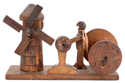 Folk Art Carved Wood Articulated Windmill & Farmer