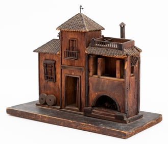 Folk Art Carved Wood Two-Story House