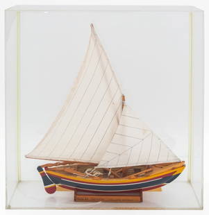 Contemporary Painted Wood Model of a Sailboat: Contemporary Painted Wood Model of a Sailboat, 1997, signed and dated "Made by Jefferson Williams in Bequia" to the base, Plexiglas case. Overall: 20.5" H x 20.25" W x 5.5" D. Provenance: From a Fifth