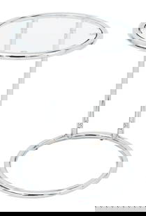 Eileen Gray Style Chrome and Glass Side Table: Eileen Gray Style Chrome and Glass Circular Side Table. 22.25" H x 17.5" Diameter. Provenance: Philadelphia, Private Collection. Keywords: Furniture, End table, Accent table, Lamp table, Modern, Minim