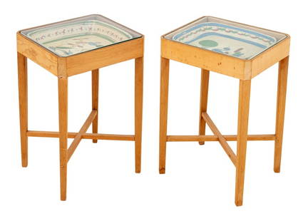 Mexican Ceramic Dish Inset Side Tables, Pair: Pair of Mexican Ceramic Dish Inset Side Tables, wood with glass tops. 21.25" H x 14.5" W x 12.5" D. Provenance: From a 60 East End Avenue Estate. Keywords: Art Pottery, Folk Art, Vintage Furniture, En
