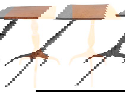 American Birch Tripod Tables, 2: Assembled Pair of American Birch Tripod Tables, 20th century, with rectangular top on spider form legs. 28.25" H x 16" W x 16.25" D. Provenance: From a Central Park West Estate. Keywords: American Fur