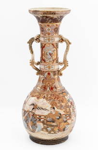 Japanese Satsuma Porcelain Double-Handled Urn: Japanese Satsuma Porcelain Double-Handled Urn, with painted and gilt figural and geometric motif. 26" H x 11" Diameter. Provenance: From a New York City Collection. Keywords: Ceramics, Asian Art, Vess