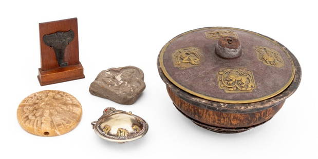 Chinese Tibetan Buddhist Articles, 5: Group of Five Chinese Tibetan Buddhist Articles, comprising: a pottery votive tablet with three deity figures, possibly Ming Dynasty, a silver mounted wood bowl and mixed metal mythical beast motif