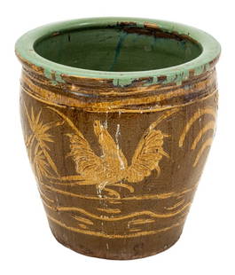 Chinese Brown Glazed Earthenware Jardiniere: Chinese Brown Glazed Earthenware Jardiniere or Egg Pot, with green glazed interior and tan glazed foliate and bird motif. 19.25" H x 19.5" Diameter. Provenance: From a Park Avenue Estate. Keywords: Pl