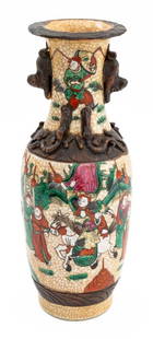 Chinese Famille Verte Crackle Glazed Vase: Chinese Famille Verte Crackle Glazed Baluster Vase, hand-painted with figural processional scene, incised and painted marks to underside. 11.75" H x 4.5" Diameter. Provenance: From an East 72nd Street