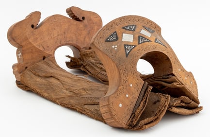 Folk Art Carved Wood and Woven Burlap Saddle