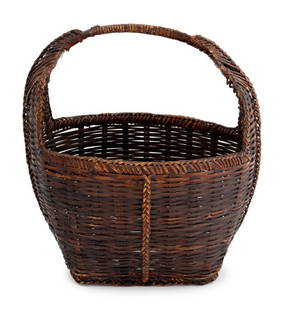 Vintage Hand-Woven Ovoid Basket: Vintage Hand-Woven Ovoid Basket, with top handle. 17" H x 15.5" W x 12" D. Provenance: From a New York City Collection. Keywords: Vintage, Basketry, Container, Vessel, Interior decor, Braided,