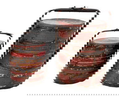 Chinese Red & Black Lacquered Wedding Baskets, 2: Group of Two Chinese Red and Black Lacquered Wedding Baskets, each with three compartments, bamboo top handle, and hand-painted gilt accents. Larger: 29" H x 18.75" W x 17" D. Provenance: From a Green