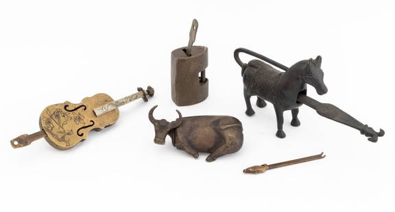 Chinese Patinated Metal Locks & Keys, 5: Collection of Five Chinese Patinated Metal Locks and Keys, comprising: a horse form, a brass lock with incised chicken and flower motif, a fish form key, a violin form, and an ox form with
