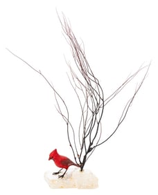 Painted Wood Cardinal & Black Coral Sculpture