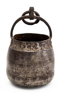Hand-Forged Iron Cooking Pot: Hand-Forged Iron Cooking Pot, with top handle and hanging ring. 10.25" H x 6.75" Diameter. Provenance: From a Park Avenue Estate. Keywords: Cauldron, Cookware, Metalwork, Vessel, European,