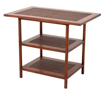 Contemporary Hardwood and Rattan Three-Tier Table: Contemporary Hardwood and Rattan Three-Tier Table, late 20th century. 30" H x 36" W x 24" D. Provenance: From a 60 East End Avenue Estate. Keywords: Modern Furniture, Aesthetic Movement style, Asian s