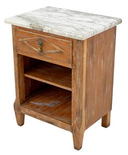 Guido Zichele Marble Top Cerused Wood Nightstand: Guido Zichele for Bloomingdale's White Marble Top Cerused Wood Nightstand, with single drawer and two shelves, stamped "Made in Italy" with maker's label and Bloomingdale's plaque to reverse. 41.25"
