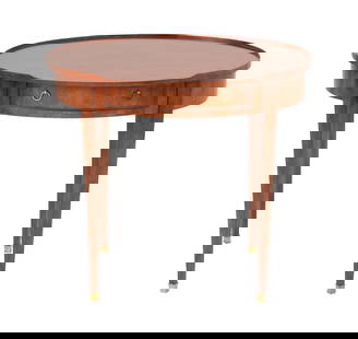 Baker Furniture Empire Style Walnut Lamp Table: Baker Furniture Empire Style Walnut Oval Lamp Table, with central drawer having brass ring handles, on four fluted tapered legs and brass tips, with "Baker Furniture" and "McMillen Collection / Baker
