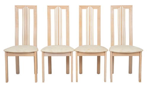 Postmodern Cerused Wood Tall Back Chairs, 4: Set of Four Postmodern Cerused Wood Tall Back Dining Chairs, the seats covered in beige floral print fabric. Each: 42" H x 19" W x 19" D; seat: 19" H. Provenance: From a 631 1st Avenue Estate. Keyword