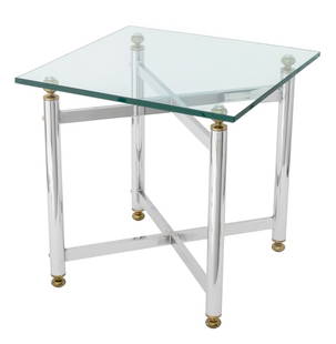 Modern Glass Top Chrome Side Table: Modern Glass Top Chrome Side Table, with four legs conjoined by X-form stretcher. 18" H x 18" W x 18" D. Provenance: From a Fifth Avenue Collection. Keywords: Vintage Furniture, End Table, Accent tabl