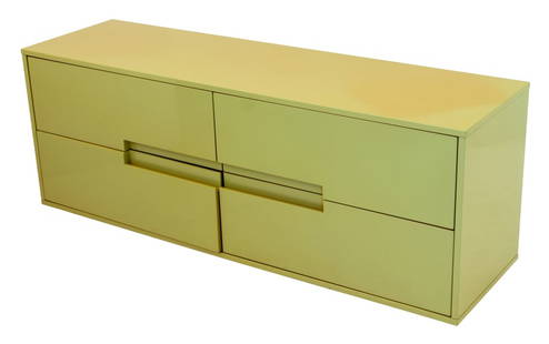 Green Lacquered Dresser: Green Lacquered Dresser, with four drawers, label to reverse. 23" H x 60" W x 17" D. Provenance: From an Upper East Side Collection. Keywords: Modern Furniture, Chest of Drawers, Storage, Commode, Low