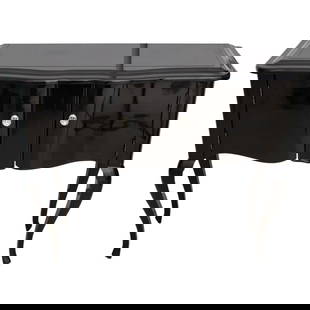 Modern Black Lacquered Wood Console Table: Modern Black Lacquered Wood Console Table, with two doors opening to reveal two interior compartments, faceted glass pulls, and upon four cabriole legs. 33.5" H x 39.5" W x 16" D. Provenance: Property