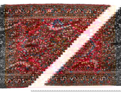 Persian Sarouk Rug, 5' 4" x 3': Persian Sarouk Rug, with geometric floral pattern and fringe borders. 5' 4" L x 3' W. Provenance: From a New York City Collection. Keywords: Carpet, Runner, Floor covering, Tribal, Native American, In