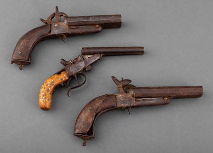 Antique Double Barrel Percussion Pistols, 3: Group of Three Antique Double Barrel Percussion Pistols, with wooden handles, one marked and numbered 1920. Largest: 10" L. Provenance: Property from a Mount Kisco Collection. Keywords: Weapons, Weapo