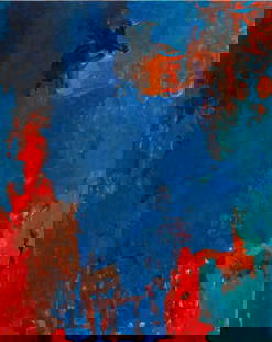 Robert O'Meara Abstract in Blue and Red Oil: Robert O'Meara (American, 1957-2024), Abstract Composition in Blue and Red, Oil on Canvas, with teal accents, signed to verso, unframed. 50" H x 40" W. Provenance: From a 333 East 75th Street Estate.