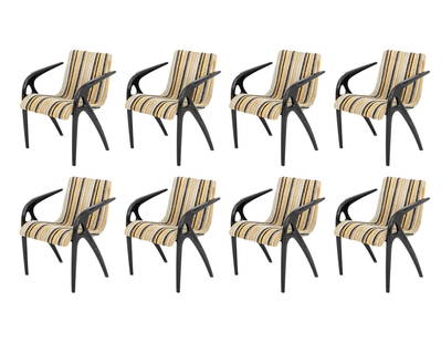 Il Loft "Joh.01" Johan Dining Chairs, 8: Set of Eight Il Loft "Joh.01" Johan Dining Chairs, each with black lacquered arms, striped upholstered seat and back atop four black patinated metal legs. 29.5" H x 24" W x 28" D; seat: 18" H; arms: 2