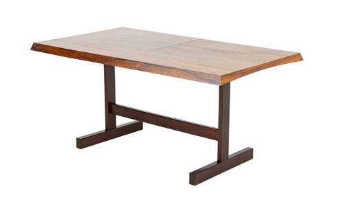 Mid-Century Modern Rosewood Dining Table: Mid-Century Modern Rosewood Dining Table, with one leaf. 30" H x 63.5" W x 38" D; fully extended: 79.5" W. Provenance: From a New York City Area Collection. Keywords: Designer Furniture, Extending Tab