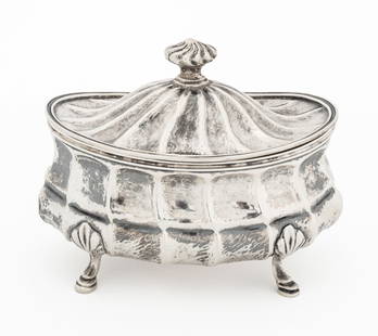 Venetian Silver Covered Bowl, 19th C.: Venetian 800 Silver Covered Bowl, 19th century, with molded form on four hoof feet, marked to the underside. Weight: 10.56 ozt.; 4.5" H x 3.5" W x 6" D. Provenance: The Upper East Side Estate of Anne