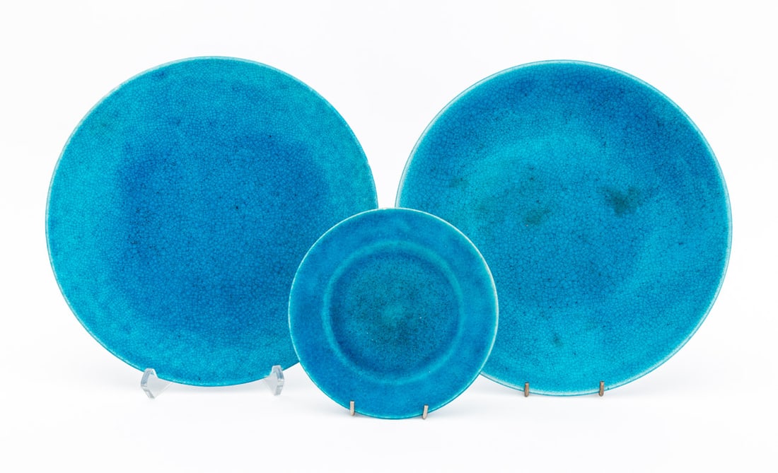 Edmond Lachenal Egyptian Blue Glazed Plates, 3: Edmond Lachenal (French, 1855-19448) Group of Three Egyptian Blue Glazed Ceramic Plates, circa 1930, the smaller signed "Lachenal", one larger marked "25/27 / Lachenal / France" and one "Lachenal / Fr