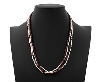 18K Gold Garnet and Pearl Four Strand Necklace