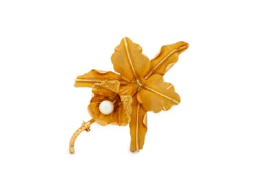 Venezuelan 14K Yellow Gold Pearl Orchid Brooch