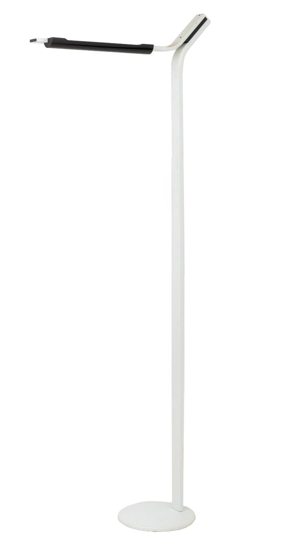 Bruno Gecchelin for O-Luce "Sovrana" Floor Lamp: Bruno Gecchelin for O-Luce "Sovrana" White Floor Lamp, 1970s, in white enameled metal. 91" H x 35" W x 15" D. Provenance: From a Vintage Collection of Italian Designer Furniture Samples. Keywords: Ita