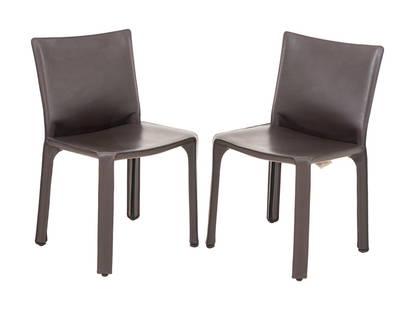 Mario Bellini x Cassina Brown Cab 412 Chairs, Pair: Pair of Mario Bellini for Cassina Dark Brown Leather Cab 412 Chairs, raised manufacturer's mark to undersides and Cassina labels. 32" H x 18.5" W x 16.5" W; seat: 18" H. Provenance: From a Vintage Col