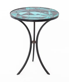 Modernist Blue Ceramic Tile Top Iron Side Table