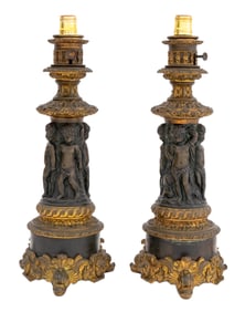 French Gilt and Patinated Bronze Lamps, Pair