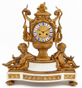 Louis XVI Gilt Bronze & Marble Mantel Clock: Louis XVI Gilt Bronze and White Marble Mantel Clock, the urn form dial with blue enamel Roman numeral indices, the base flanked by two cherubic figures, the strike on bell movement struck "Koedel / 65